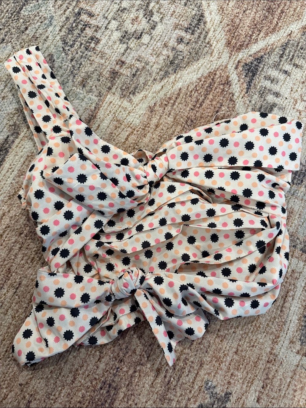 Maeve Cream One-Shoulder Crop Top with Black and Pink Sunburst Print